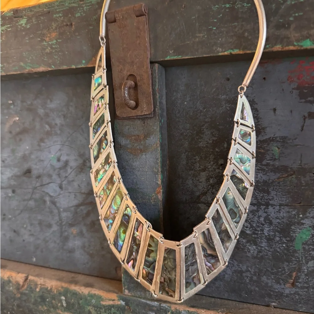 Vintage Statement Abalone Inlay Bib Necklace and Earrings Set - Silver Tone - Picture 3 of 7